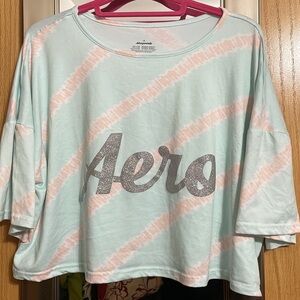 Aeropostale 1X short sleeve diagonal tie dye cropped top.  Teal, orange & white